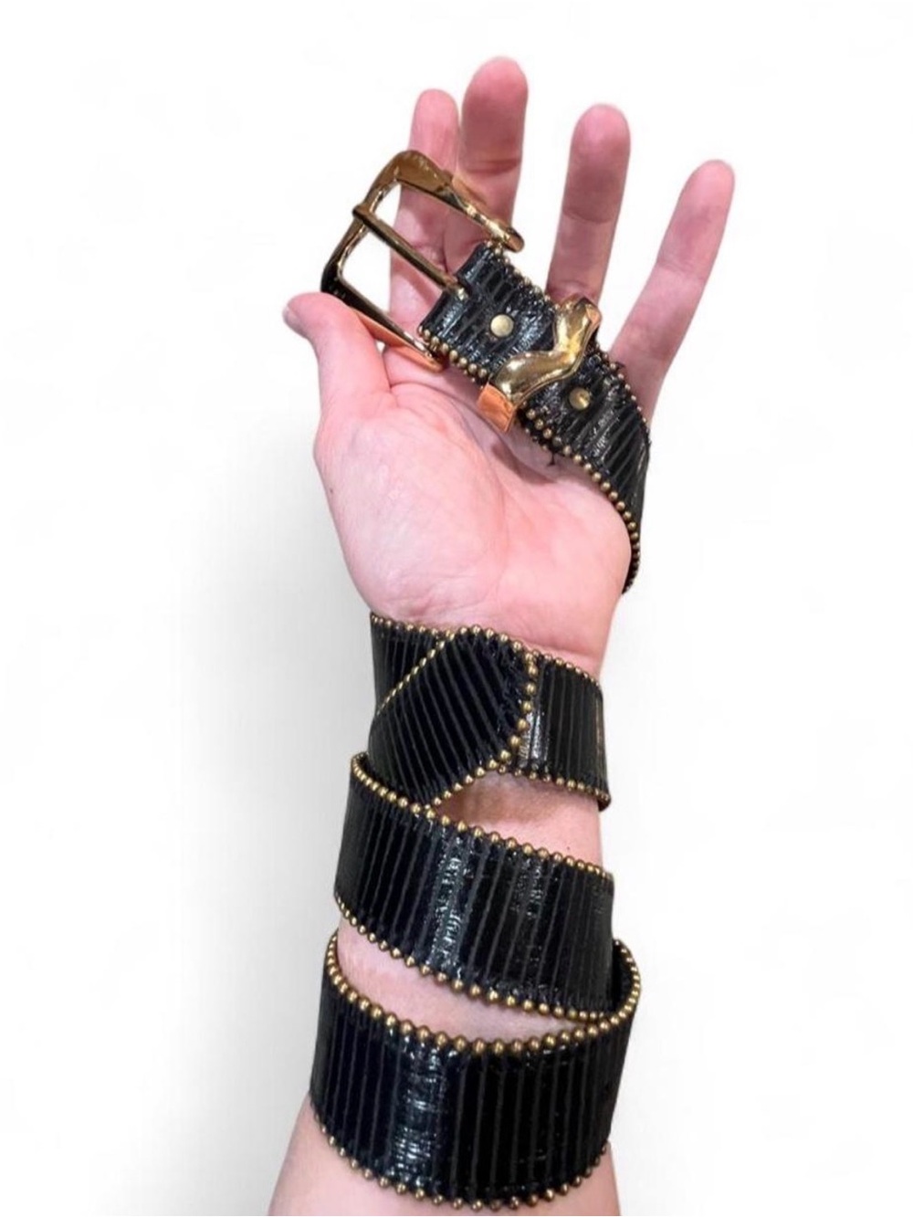 Vintage 1980-1990’s Elite Black Ribbed Belt with Gold Beaded Trim